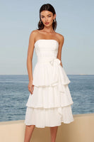 Load image into Gallery viewer, Ivory Strapless Tiered A Line Midi Bridal Shower Dress with Sash