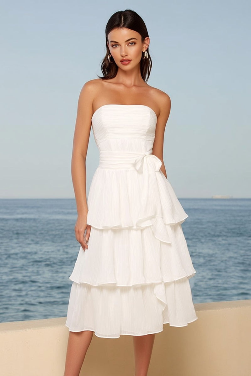 Load image into Gallery viewer, Ivory Strapless Tiered A Line Midi Bridal Shower Dress with Sash