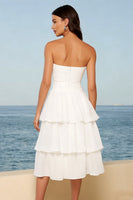 Load image into Gallery viewer, Ivory Strapless Tiered A Line Midi Bridal Shower Dress with Sash