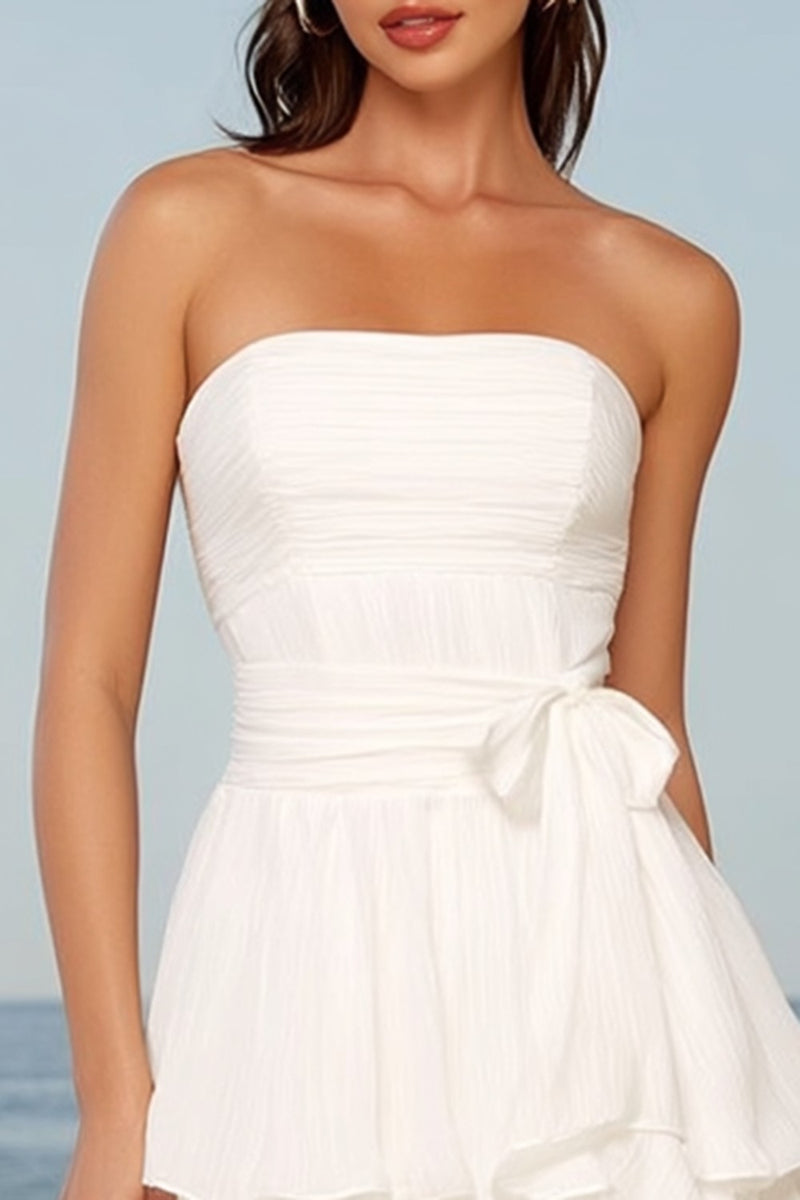 Load image into Gallery viewer, Ivory Strapless Tiered A Line Midi Bridal Shower Dress with Sash