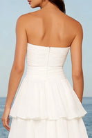 Load image into Gallery viewer, Ivory Strapless Tiered A Line Midi Bridal Shower Dress with Sash