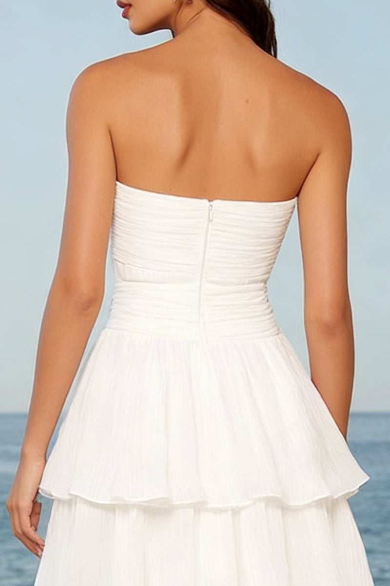 Load image into Gallery viewer, Ivory Strapless Tiered A Line Midi Bridal Shower Dress with Sash