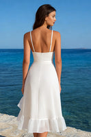 Load image into Gallery viewer, Flowy Ivory A Line Spaghetti Straps Midi Bridal Shower Dress with Ruffles