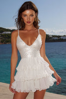 Load image into Gallery viewer, Sparkly Ivory Sequin A Line Tiered Short Graduation Dress