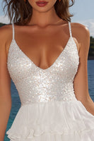 Load image into Gallery viewer, Sparkly Ivory Sequin A Line Tiered Short Graduation Dress