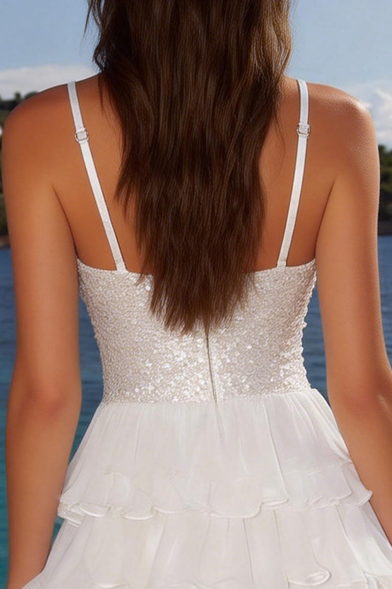 Load image into Gallery viewer, Sparkly Ivory Sequin A Line Tiered Short Graduation Dress