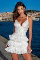 Load image into Gallery viewer, Sparkly Ivory Sequins Spaghetti Straps A Line Tiered Short Graduation Dress