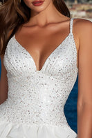 Load image into Gallery viewer, Sparkly Ivory Sequins Spaghetti Straps A Line Tiered Short Graduation Dress