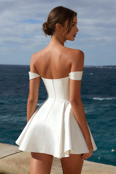 Ivory Satin Off the Shoulder A Line Short Graduation Dress