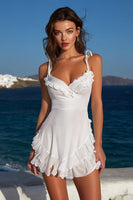 Load image into Gallery viewer, Flowy Ivory Spaghetti Straps A Line Ruffled Short Graduation Dress with Bow