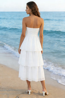 Ivory Strapless A Line Tiered Midi Wedding Reception Dress
