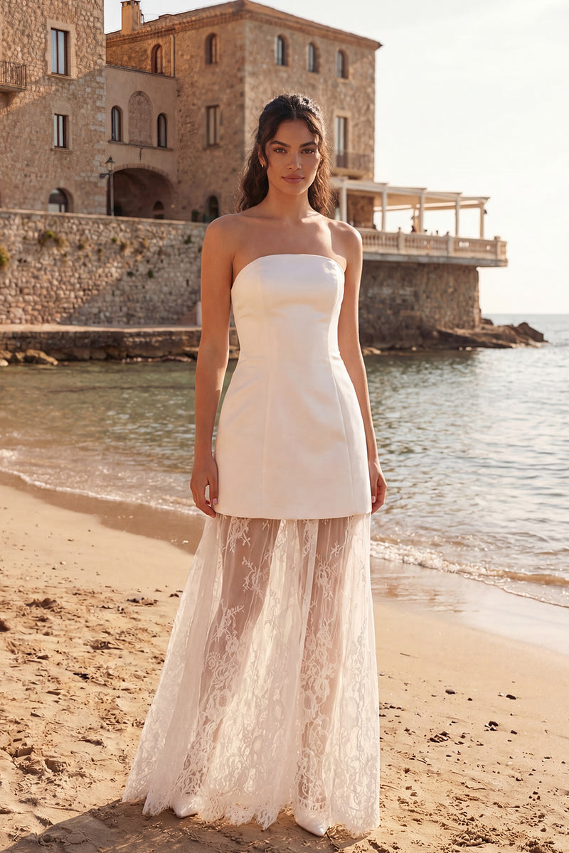 Load image into Gallery viewer, Ivory Strapless Sheath Long Wedding Reception Dress with Lace
