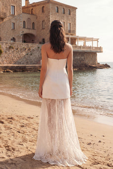 Ivory Strapless Sheath Long Wedding Reception Dress with Lace