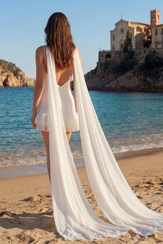 Ivory Satin Neck Scarf Spaghetti Straps Short Bridal Shower Dress