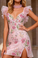 Load image into Gallery viewer, Sparkly Floral Pink Ruffled V Neck A Line Short Prom Dress with Bow