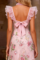Load image into Gallery viewer, Sparkly Floral Pink Ruffled V Neck A Line Short Prom Dress with Bow