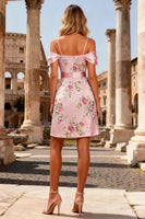 Load image into Gallery viewer, Sparkly Pink Floral A Line Cold Shoulder Short Prom Dress with Sash