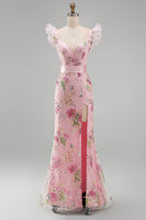 Load image into Gallery viewer, Sparkly Pink Floral Ruffled V Neck Long Sheath Prom Dress with Slit