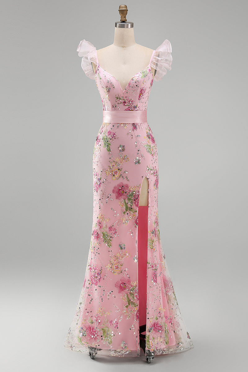 Load image into Gallery viewer, Sparkly Pink Floral Ruffled V Neck Long Sheath Prom Dress with Slit