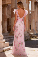 Load image into Gallery viewer, Sparkly Pink Floral Ruffled V Neck Long Sheath Prom Dress with Slit