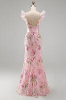 Load image into Gallery viewer, Sparkly Pink Floral Ruffled V Neck Long Sheath Prom Dress with Slit