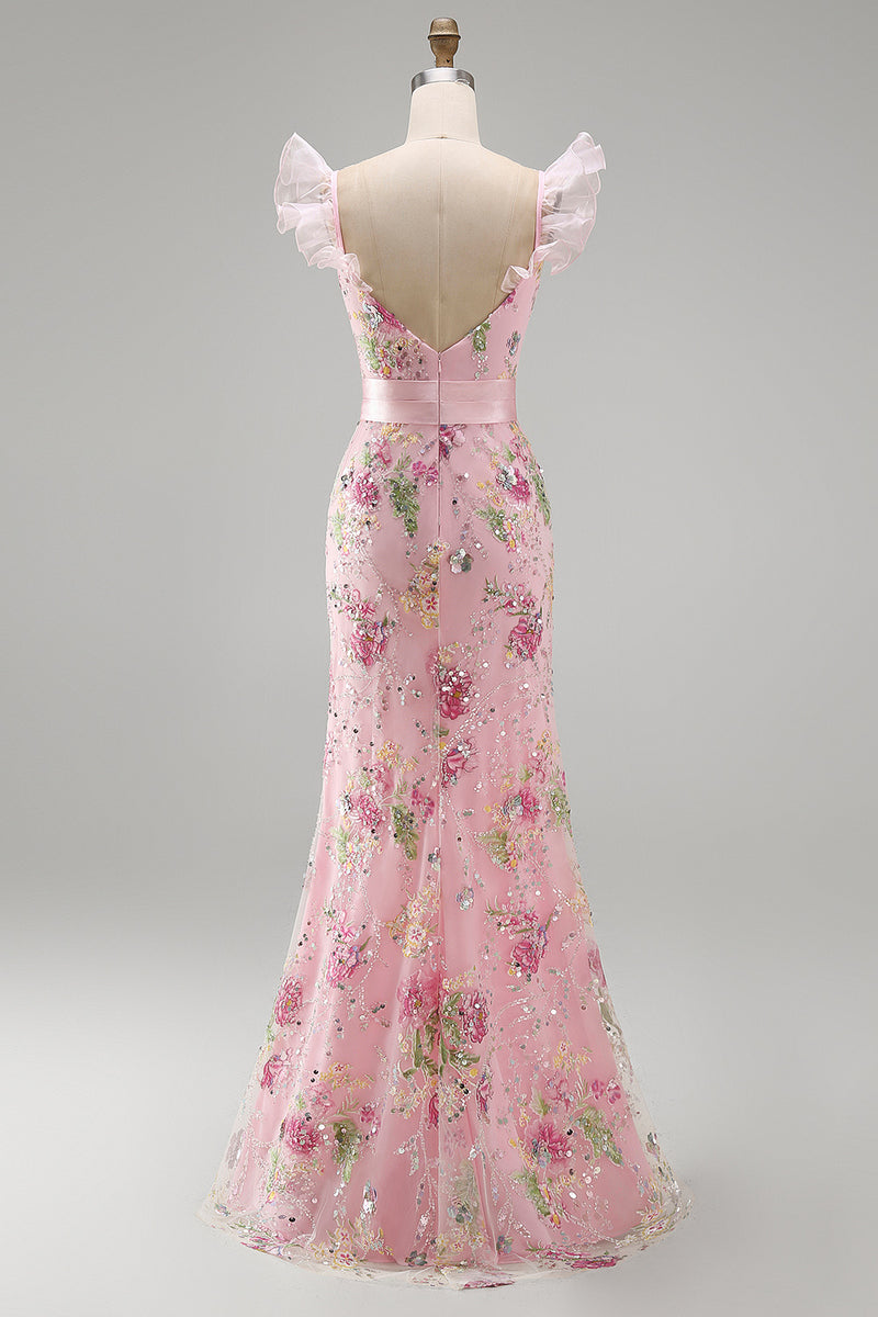 Load image into Gallery viewer, Sparkly Pink Floral Ruffled V Neck Long Sheath Prom Dress with Slit