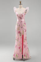 Load image into Gallery viewer, Sparkly Pink Floral Ruffled V Neck Long Sheath Prom Dress with Slit
