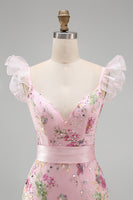 Load image into Gallery viewer, Sparkly Pink Floral Ruffled V Neck Long Sheath Prom Dress with Slit
