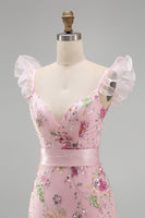 Load image into Gallery viewer, Sparkly Pink Floral Ruffled V Neck Long Sheath Prom Dress with Slit