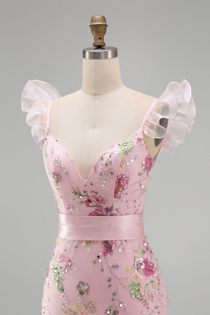 Load image into Gallery viewer, Sparkly Pink Floral Ruffled V Neck Long Sheath Prom Dress with Slit