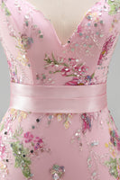 Load image into Gallery viewer, Sparkly Pink Floral Ruffled V Neck Long Sheath Prom Dress with Slit