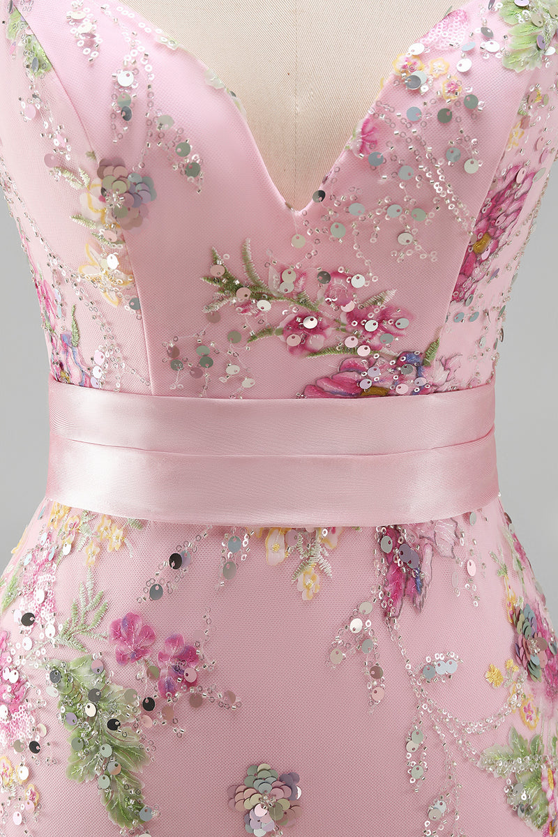 Load image into Gallery viewer, Sparkly Pink Floral Ruffled V Neck Long Sheath Prom Dress with Slit