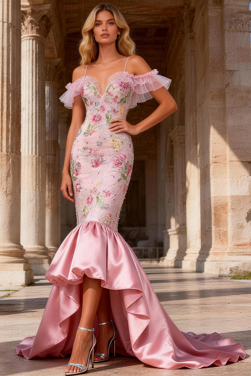 Load image into Gallery viewer, Sparkly Floral Pink Cold Shoulder Ruffled High-Low Mermaid Prom Dress