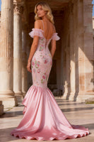 Load image into Gallery viewer, Sparkly Floral Pink Cold Shoulder Ruffled High-Low Mermaid Prom Dress