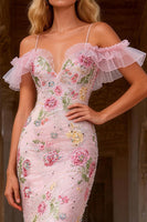 Load image into Gallery viewer, Sparkly Floral Pink Cold Shoulder Ruffled High-Low Mermaid Prom Dress