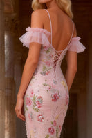 Load image into Gallery viewer, Sparkly Floral Pink Cold Shoulder Ruffled High-Low Mermaid Prom Dress