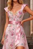 Load image into Gallery viewer, Sparkly Floral Pink A Line Thick Straps Asymmetrical Prom Dress with Sash
