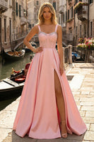 Load image into Gallery viewer, Sparkly Pink Beaded A Line Thick Straps Corset Long Prom Dress with Slit