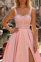 Load image into Gallery viewer, Sparkly Pink Beaded A Line Thick Straps Corset Long Prom Dress with Slit