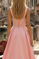 Load image into Gallery viewer, Sparkly Pink Beaded A Line Thick Straps Corset Long Prom Dress with Slit