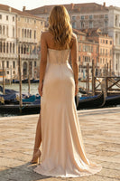 Load image into Gallery viewer, Sparkly Satin Champagne Sheath Strapless Long Corset Beaded Prom Dress with Slit