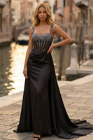 Load image into Gallery viewer, Sparkly Black Thick Straps Beaded Sheath Corset Long Prom Dress