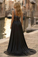 Load image into Gallery viewer, Sparkly Black Thick Straps Beaded Sheath Corset Long Prom Dress