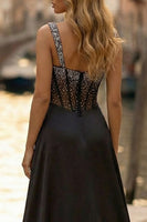Load image into Gallery viewer, Sparkly Black Thick Straps Beaded Sheath Corset Long Prom Dress