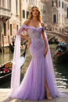 Load image into Gallery viewer, Sparkly Lilac Tulle Appliqued Off the Shoulder Long Mermaid Prom Dress with Cape