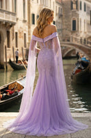 Load image into Gallery viewer, Sparkly Lilac Tulle Appliqued Off the Shoulder Long Mermaid Prom Dress with Cape