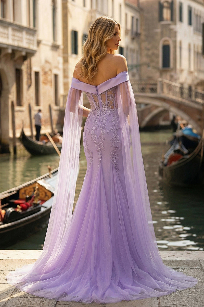Load image into Gallery viewer, Sparkly Lilac Tulle Appliqued Off the Shoulder Long Mermaid Prom Dress with Cape