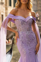 Load image into Gallery viewer, Sparkly Lilac Tulle Appliqued Off the Shoulder Long Mermaid Prom Dress with Cape