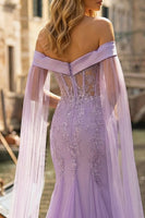 Load image into Gallery viewer, Sparkly Lilac Tulle Appliqued Off the Shoulder Long Mermaid Prom Dress with Cape