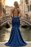 Load image into Gallery viewer, Navy Satin Halter Long Mermaid Floral Prom Dress with Slit